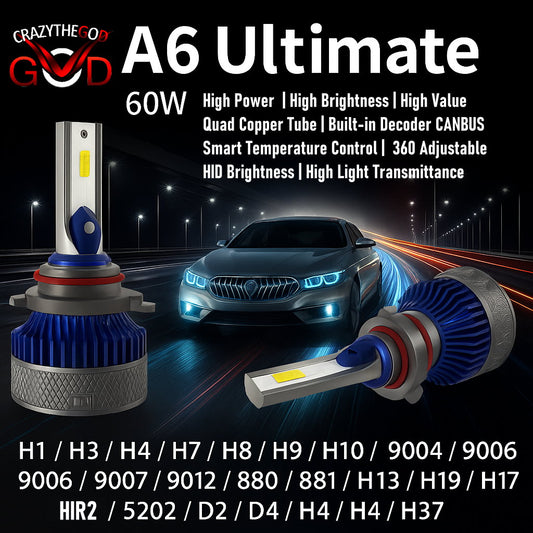 PAIR A6 Ulitimate LED BULB 6000K H1 H7 H8 H9 H11 9005 9006 9004 9007 9012 D2R D2S D4R D4S
