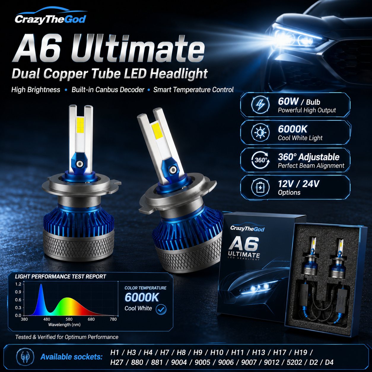 PAIR A6 Ulitimate LED BULB 6000K H1 H7 H8 H9 H11 9005 9006 9004 9007 9012 D2R D2S D4R D4S