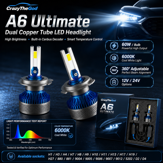 PAIR A6 Ulitimate LED BULB 6000K H1 H7 H8 H9 H11 9005 9006 9004 9007 9012 D2R D2S D4R D4S