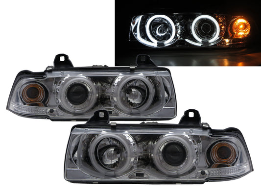 ไฟหน้าแบบโปรเจคเตอร์ CCFL โครเมียม CrazyTheGod 3-Series E36 Sedan/Touring 4D/5D ปี 1990-1998 สำหรับ BMW RHD