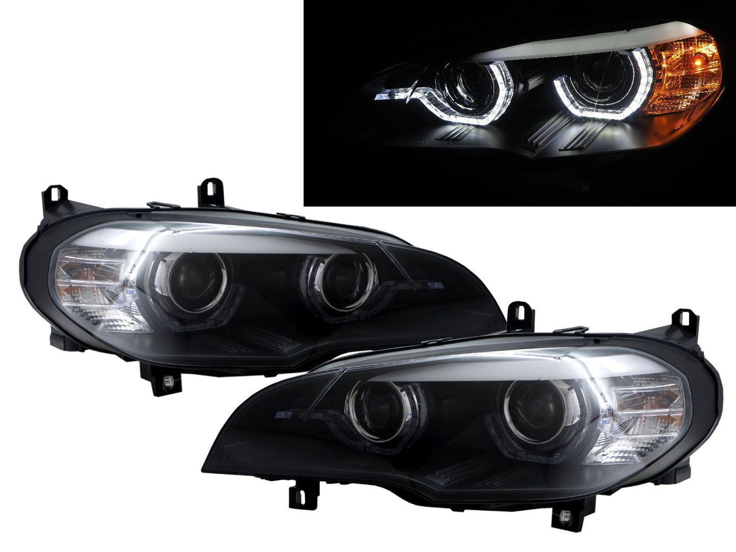 CrazyTheGod X5 E70 Thế hệ thứ hai 2007-2010 Trước khi nâng cấp SUV LED DRL U-Bar Projector HID Đèn pha Đèn pha có động cơ Màu đen cho BMW LHD