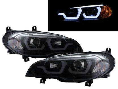 CrazyTheGod X5 E70 ไฟหน้ารถยนต์ SUV รุ่นปี 2007-2010 PRE-FACELIFT โปรเจคเตอร์ 5D LED 3D U-Bar รุ่นฮาโลเจนธรรมดา สีดำ สำหรับ BMW RHD