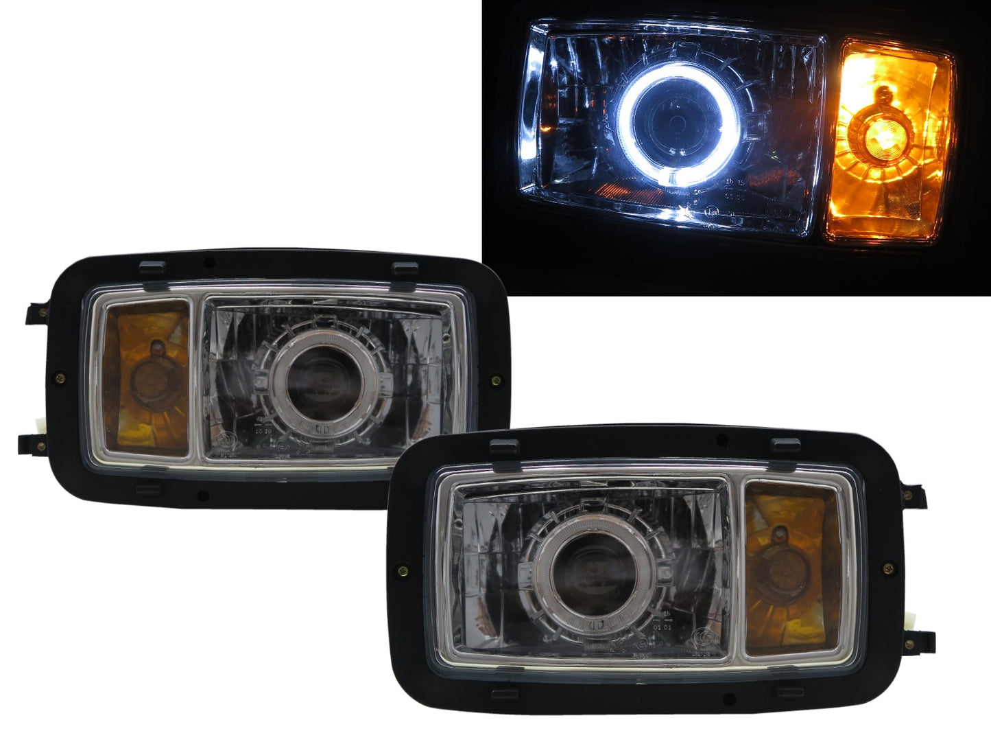 CrazyTheGod TRUCK-NG NG80 ไฟหน้ารถบรรทุก 2D Guide LED Angel-Eye Projector HID ปี 1980-1991 โครเมียมสำหรับ Mercedes-Benz LHD