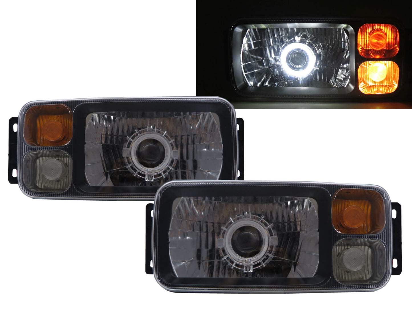 CrazyTheGod TRUCK-NG NG90 ไฟหน้ารถบรรทุกโปรเจคเตอร์ LED Angel-Eye แบบ 2D Guide สีดำสำหรับ Mercedes-Benz LHD