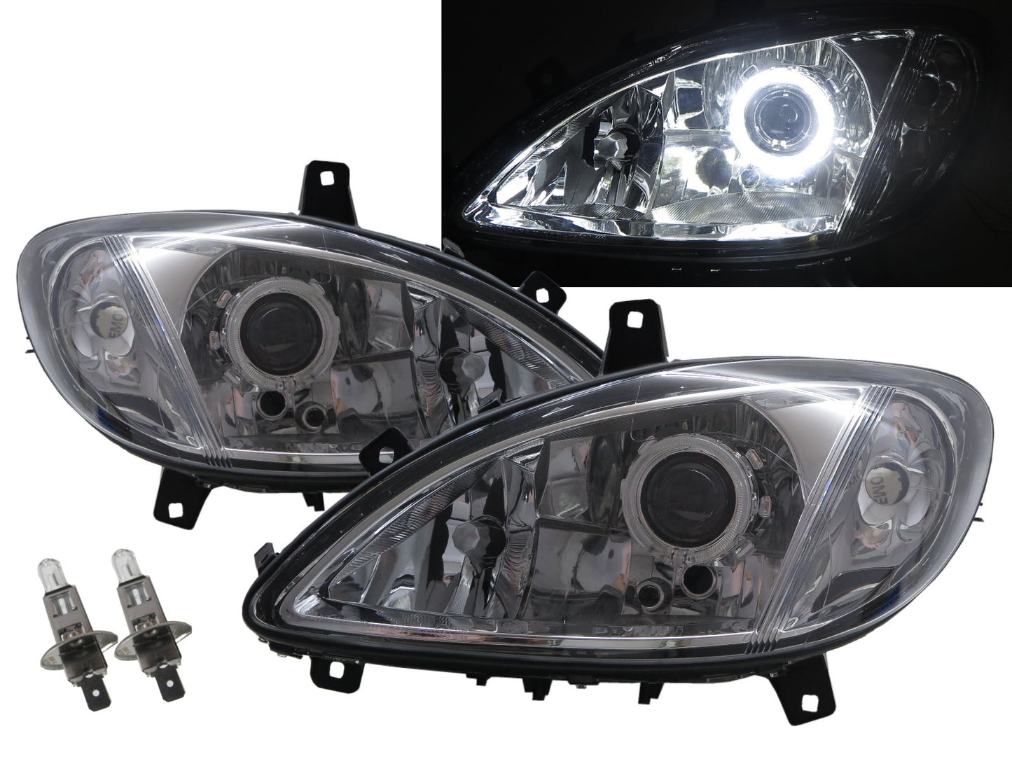 CrazyTheGod V-Class W639 VIANO ไฟหน้าโปรเจคเตอร์ LED Angel-Eye รุ่น VAN 5D Guide รุ่นที่สอง ปี 2003-2010 ก่อนปรับโฉมใหม่ โครเมียม สำหรับ Mercedes-Benz LHD