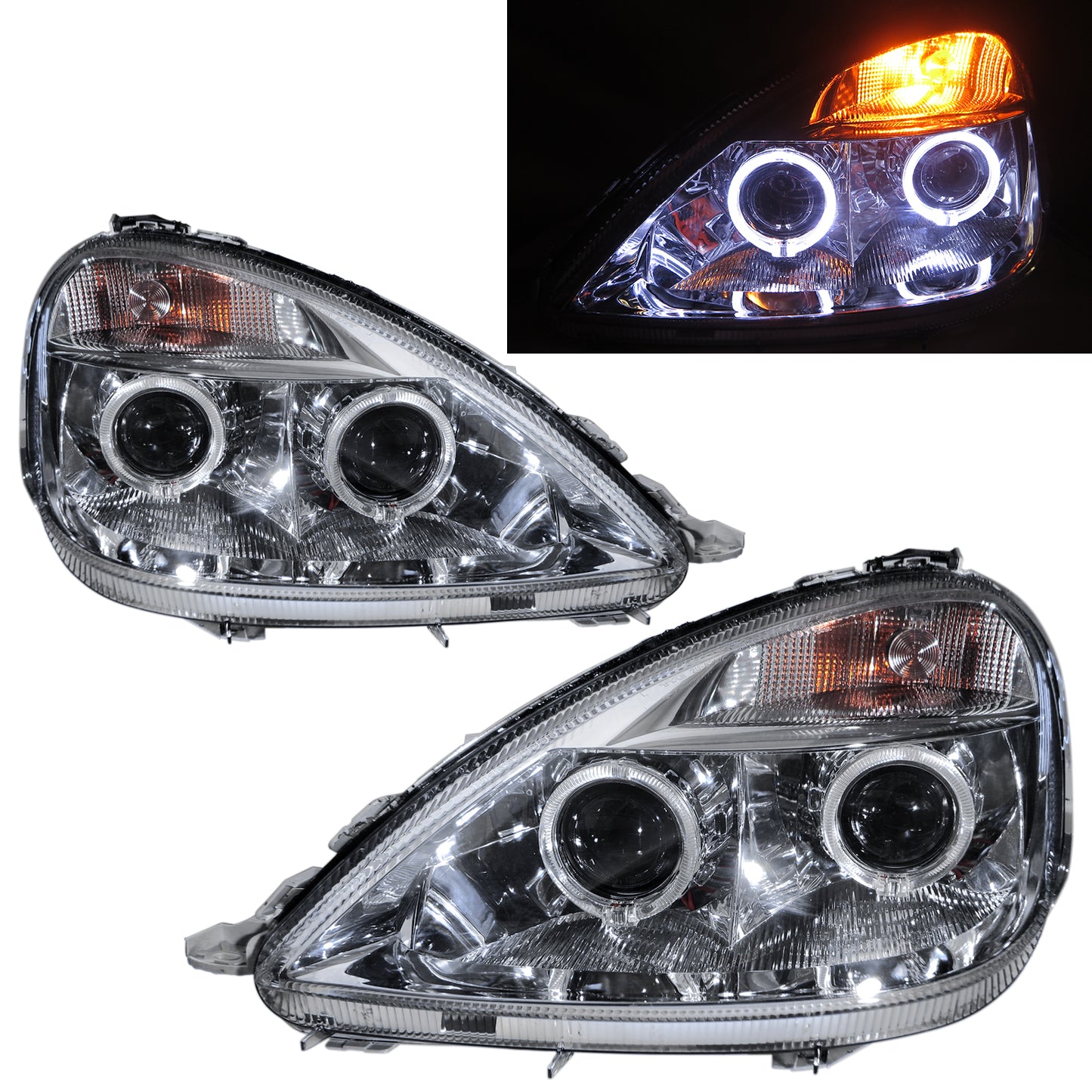 CrazyTheGod A-CLASS W168 First generation 1997-2004 Hatchback 5D Guide LED Angle-Eye Projector Headlight Headlamp Chrome for Mercedes-Benz RHD
