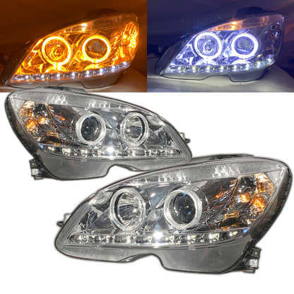 CrazyTheGod C-CLASS W204 2008-2011 Pre-Facelift Sedan 4D Guide LED Angel-Eye Headlights Chrome for Mercedes-Benz LHD