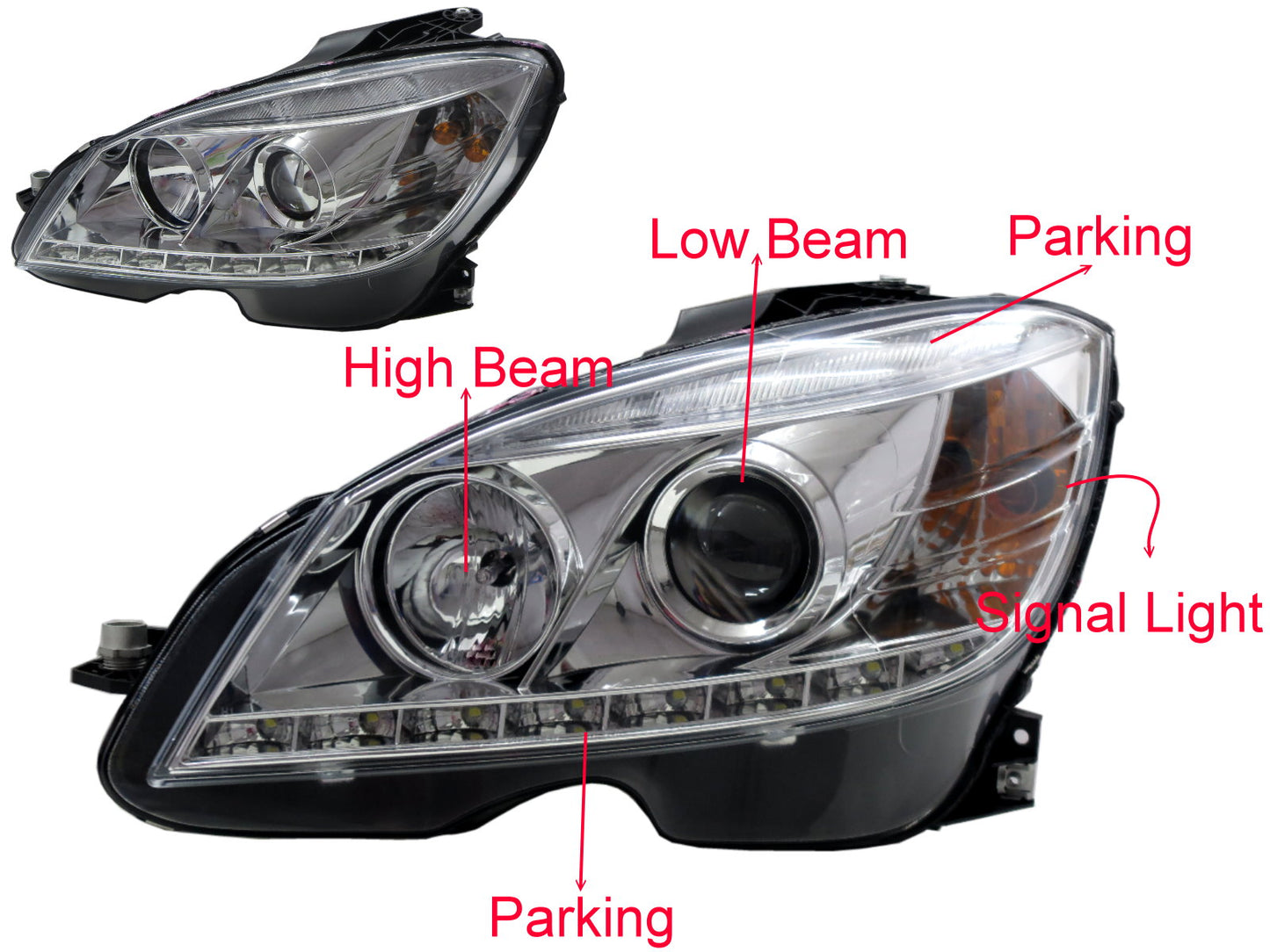 CrazyTheGod C-CLASS W204 2008-2011 PRE-FACELIFT Sedan ไฟหน้าแบบ 4D ฮาโลเจน H7 W/O MOTOR CHROME สำหรับ Mercedes-Benz LHD