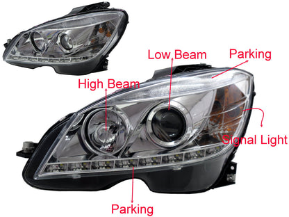 CrazyTheGod C-CLASS W204 2008-2011 PRE-FACELIFT Sedan ไฟหน้าแบบ 4D ฮาโลเจน H7 W/O MOTOR CHROME สำหรับ Mercedes-Benz LHD