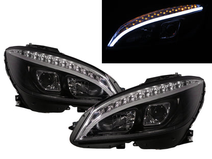 CrazyTheGod C-CLASS W204 2008-2011 PRE-FACELIFT Sedan 4D LED Bar Projector Headlight Headlamp Black for Mercedes-Benz RHD