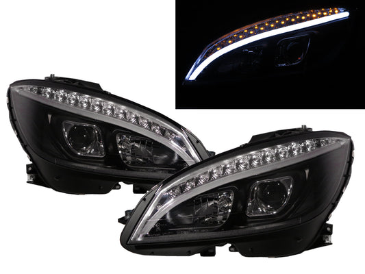 CrazyTheGod C-CLASS W204 2008-2011 PRE-FACELIFT Sedan 4D LED Bar Projector Headlight Headlamp Black for Mercedes-Benz LHD