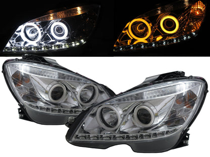 CrazyTheGod C-CLASS W204 2008-2011 PRE-FACELIFT Sedan 4D Cotton LED Angel-Eye Headlight Headlamp W/O MOTOR Chrome for Mercedes-Benz RHD