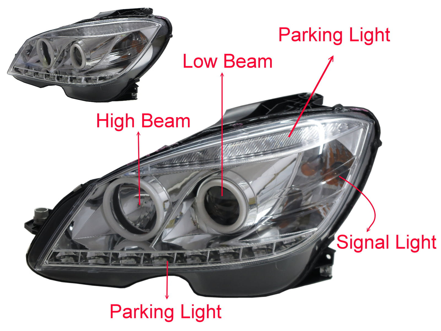 CrazyTheGod C-CLASS W204 2008-2011 PRE-FACELIFT Sedan 4D Cotton LED Angel-Eye Headlight Headlamp W/O MOTOR Chrome for Mercedes-Benz RHD