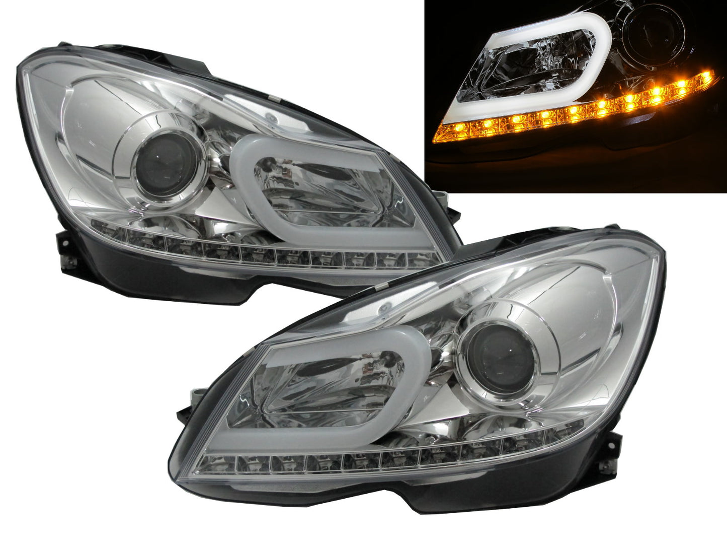 CrazyTheGod C-CLASS W204 2012-2014 FACELIFT ไฟหน้าแบบโปรเจคเตอร์ LED U-Bar โครเมียมสำหรับ Mercedes-Benz RHD