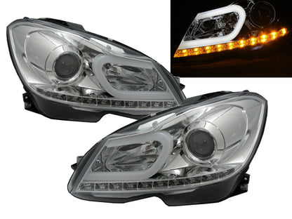 CrazyTheGod C-CLASS W204 2012-2014 FACELIFT ไฟหน้าแบบโปรเจคเตอร์ LED U-Bar โครเมียมสำหรับ Mercedes-Benz RHD