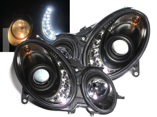 CrazyTheGod E-CLASS W211 2002-2006 Pre-Facelift Sedan/Wagon 4D/5D Projector LED R8Look Headlight Headlamp Black for Mercedes-Benz LHD