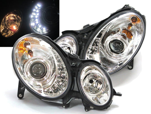 CrazyTheGod E-CLASS W211 2002-2006 Pre-Facelift Sedan/Wagon 4D/5D Projector LED R8Look Headlight Headlamp Chrome for Mercedes-Benz RHD