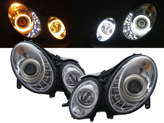 CrazyTheGod E-CLASS W211 2002-2006 PRE-FACELIFT Sedan/Wagon 4D/5D Cotton Halo LED Bar Headlight Headlamp Chrome for Mercedes-Benz RHD