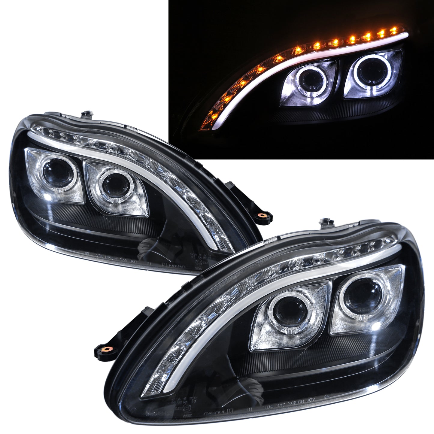 ไฟหน้าโปรเจคเตอร์ CrazyTheGod W220 ปี 1998-2005 R8Look Guide LED Angle-Eye สีดำ สำหรับ Mercedes-Benz RHD