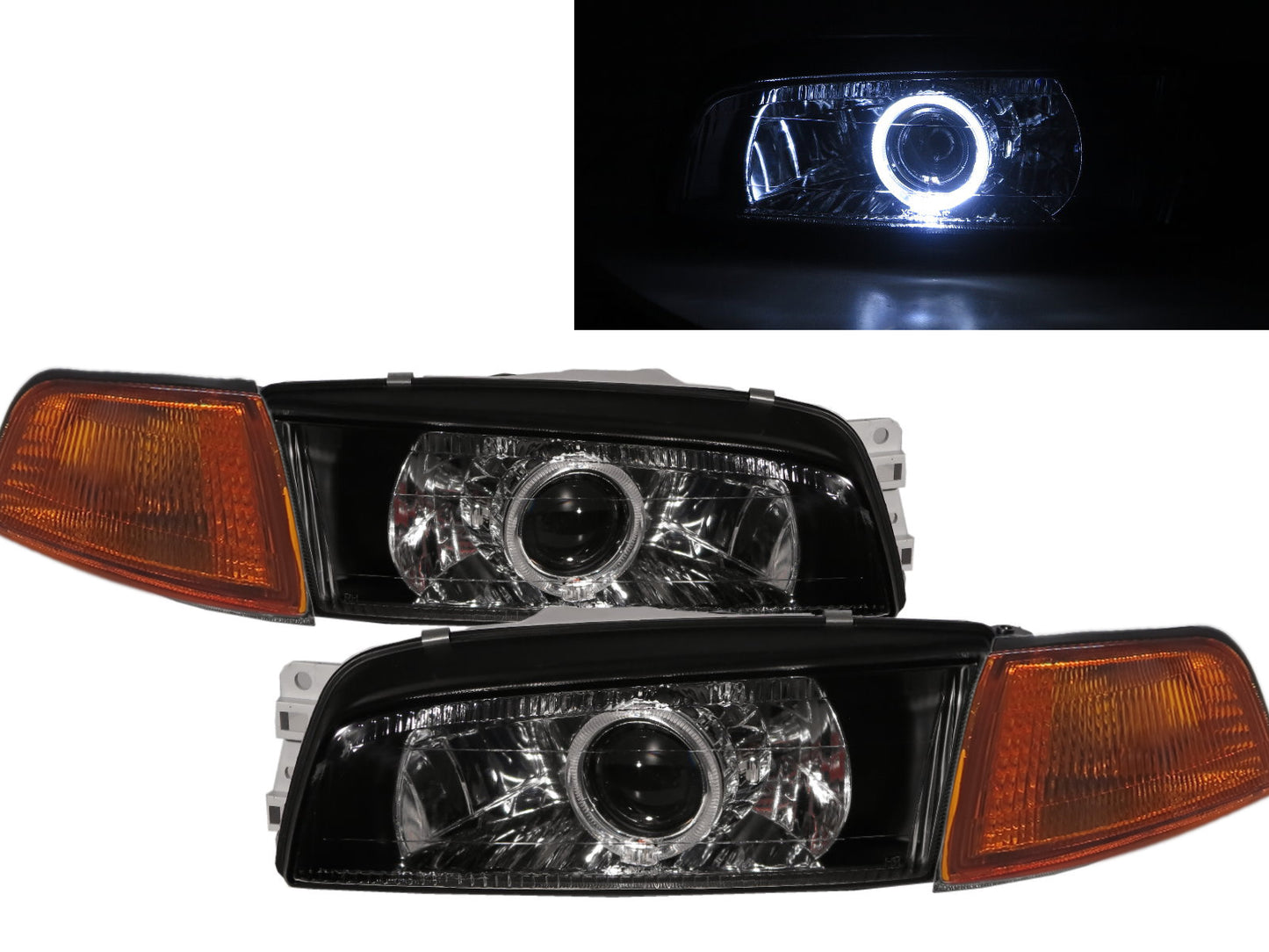 CrazyTheGod LANCER EVOLUTION EVO 4 Fourth generation 1996-1998 Sedan 4D Guide LED Angel-Eye Projector W/ Corner Lamp Headlight Headlamp Black for Mitsubishi LHD