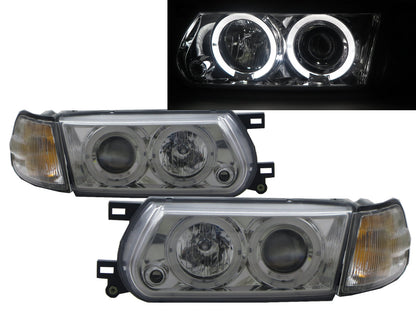 CrazyTheGod Sentra B13 รุ่นที่ 3 รุ่นปี 1995-2017 สำหรับ Sedan/Coupe 2D/4D Angel-Eye Projector Headlights Chrome V1 สำหรับ NISSAN RHD