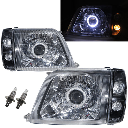 CrazyTheGod LAND CRUISER PRADO FJ90 ไฟหน้าแบบโปรเจคเตอร์ LED Angel-Eye สำหรับรถ SUV 2D/4D Guide เจเนอเรชั่นที่ 2 ปี 1996-2003 สีดำแบบฮาโลเจนสำหรับรถ TOYOTA LHD