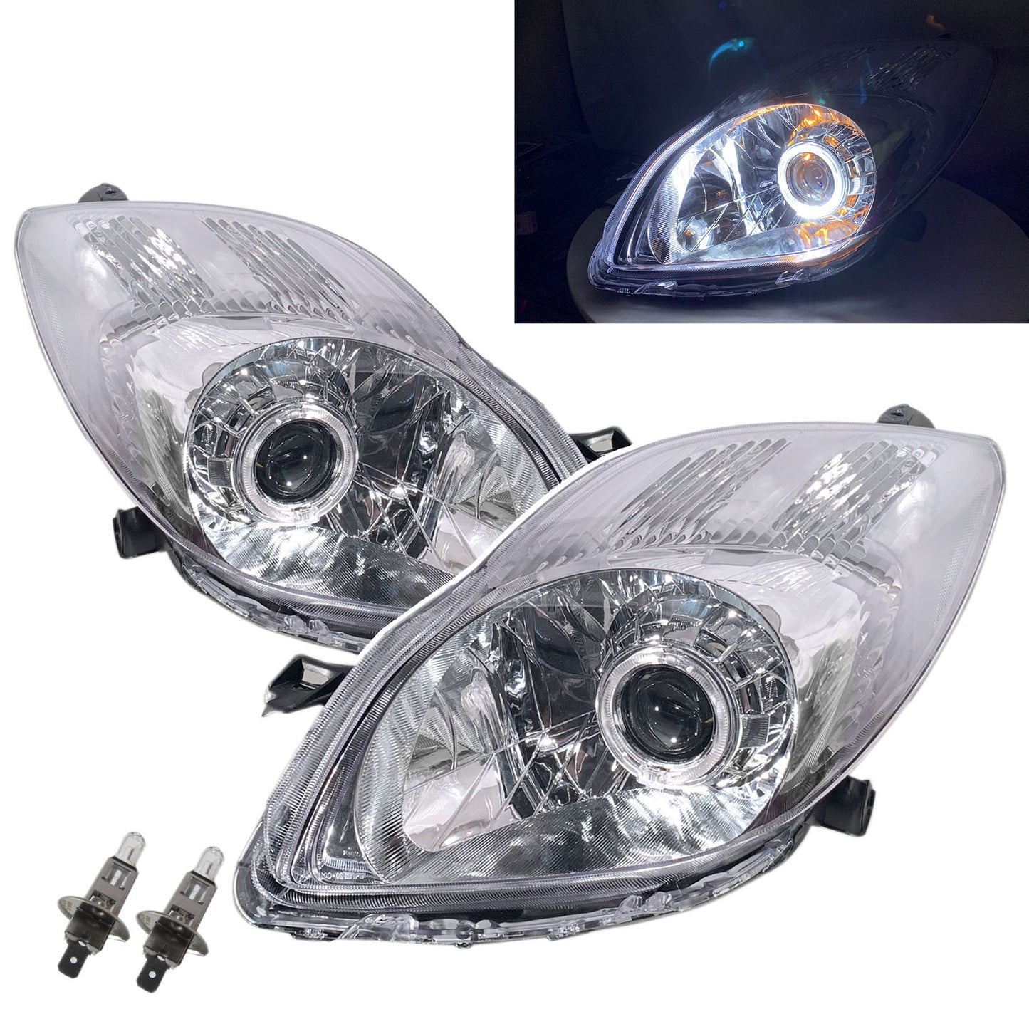 CrazyTheGod Charade XP90 แฮทช์แบ็ก Facelift รุ่นที่ 2 ปี 2011-2013 พร้อมโปรเจ็กเตอร์ LED Angel-Eye แบบ 3D/5D Guide ไฟหน้าแบบฮาโลเจน โครเมียม สำหรับ DAIHATSU