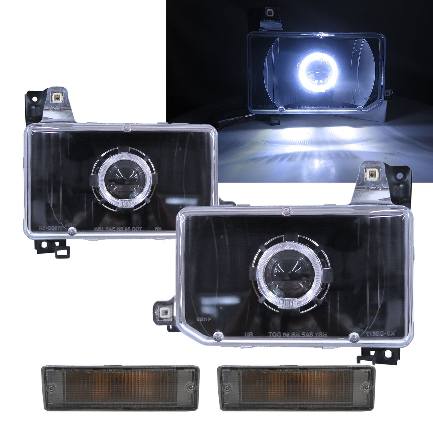 CrazyTheGod PATHFINDER WD21 ไฟหน้าโปรเจคเตอร์ LED Angel-Eye HID รุ่นแรกสำหรับรถ SUV รุ่นปี 1988-1995 สีดำ US V2 สำหรับ NISSAN LHD 