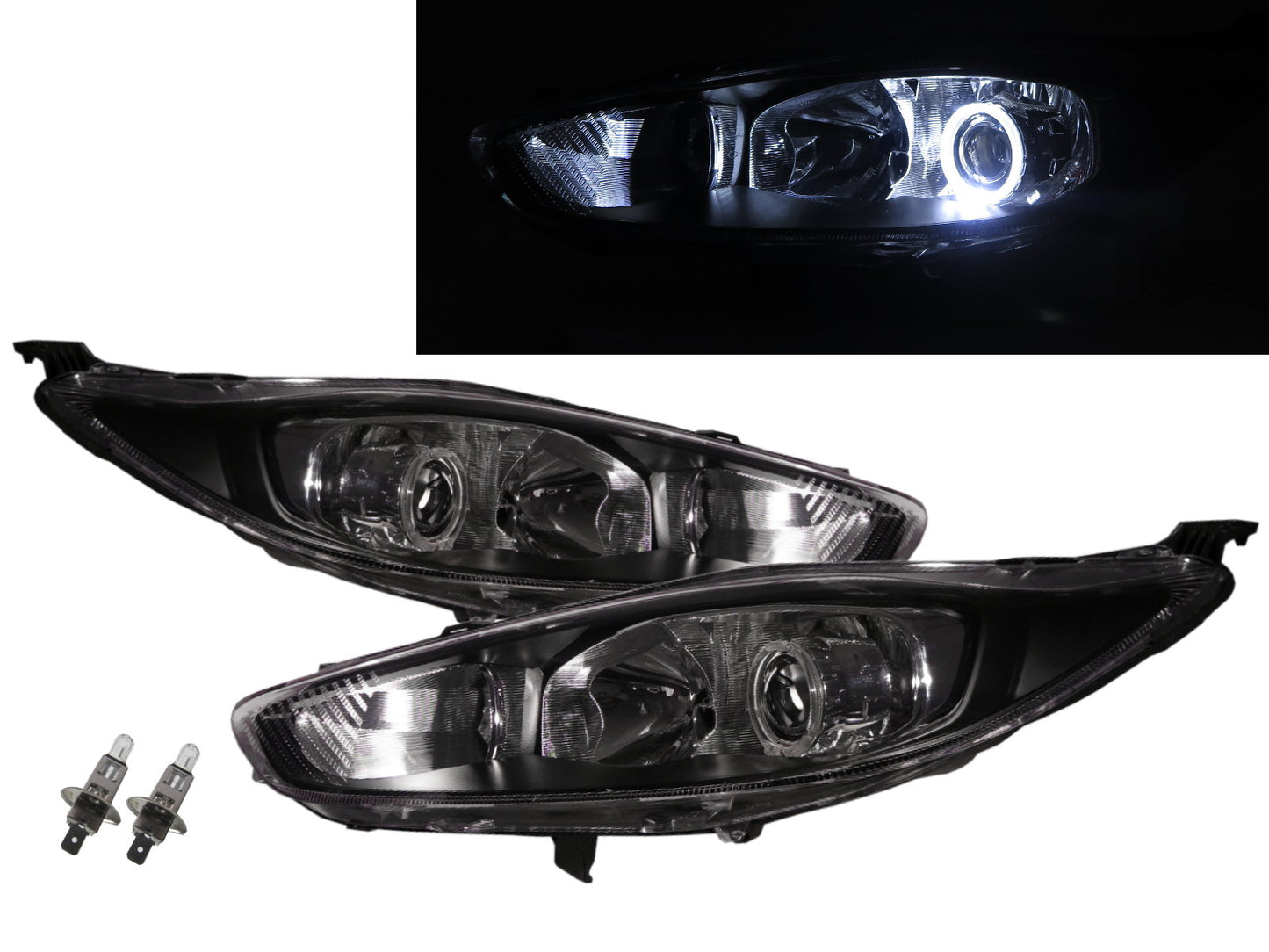 CrazyTheGod Fiesta BE91 Sixth generation 2013-2017 FACELIFT Hatchback 3D/5D Guide LED Angel-Eye Projector Headlight Headlamp Black for FORD RHD