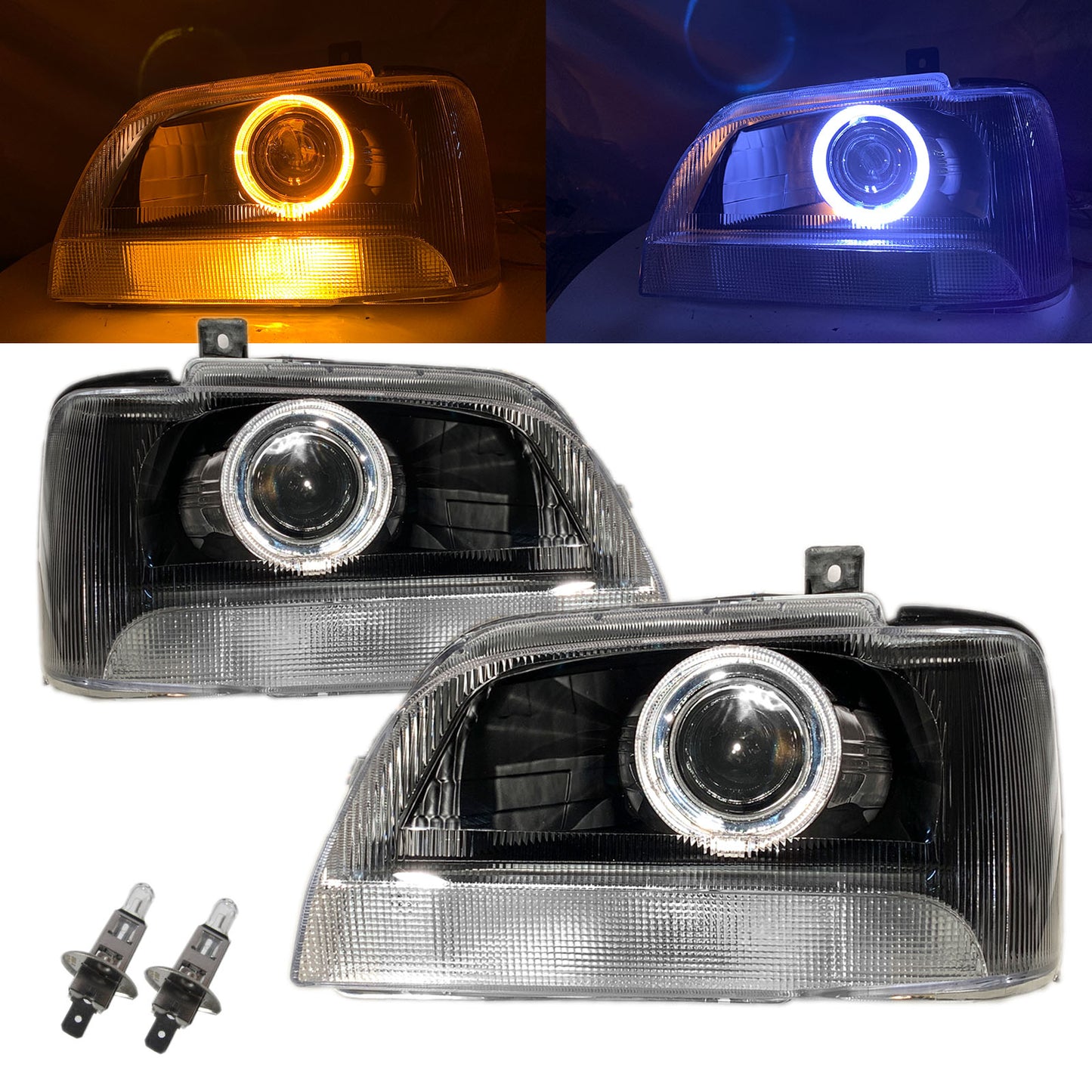 CrazyTheGod PRZ Fourth generation 1999-2005 VAN 4D Guide LED Angel-Eye Projector Halogen Headlight Headlamp Black for FORD LHD