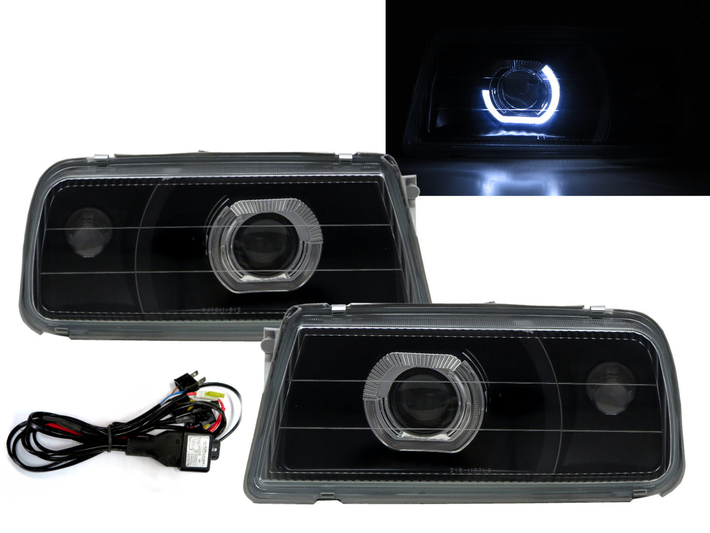 ไฟหน้าโปรเจคเตอร์ LED Angel-Eye Guide แบบเปิดประทุน/SUV 2D/4D รุ่น CrazyTheGod Tracker รุ่นแรก ปี 1988-1998 สีดำ V2 สำหรับ GMC RHD