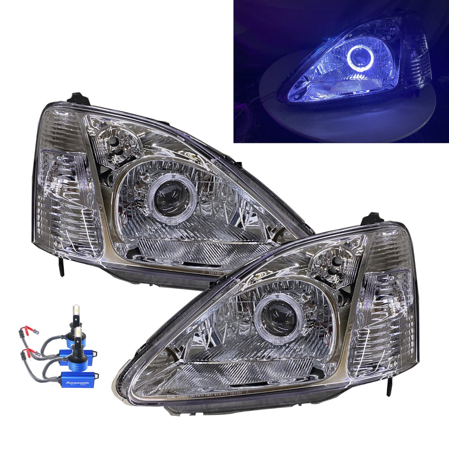 CrazyTheGod Civic Seventh generation 2001-2003 Hatchback 3D Guide LED Angel-Eye Projector Headlight Headlamp Chrome US for HONDA RHD