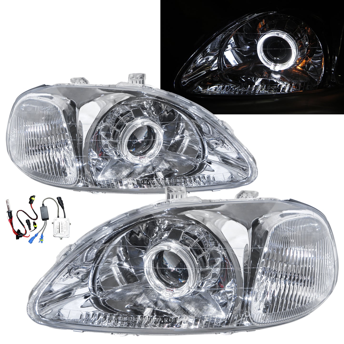 CrazyTheGod Civic EJ/EK/EM รุ่นที่ 6 รุ่นปี 1996-1998 ก่อนปรับโฉม Sedan/Hatchback/Coupe 2D/3D/4D/5D Guide LED Angel-Eye Projector Headlights Chrome for HONDA RHD