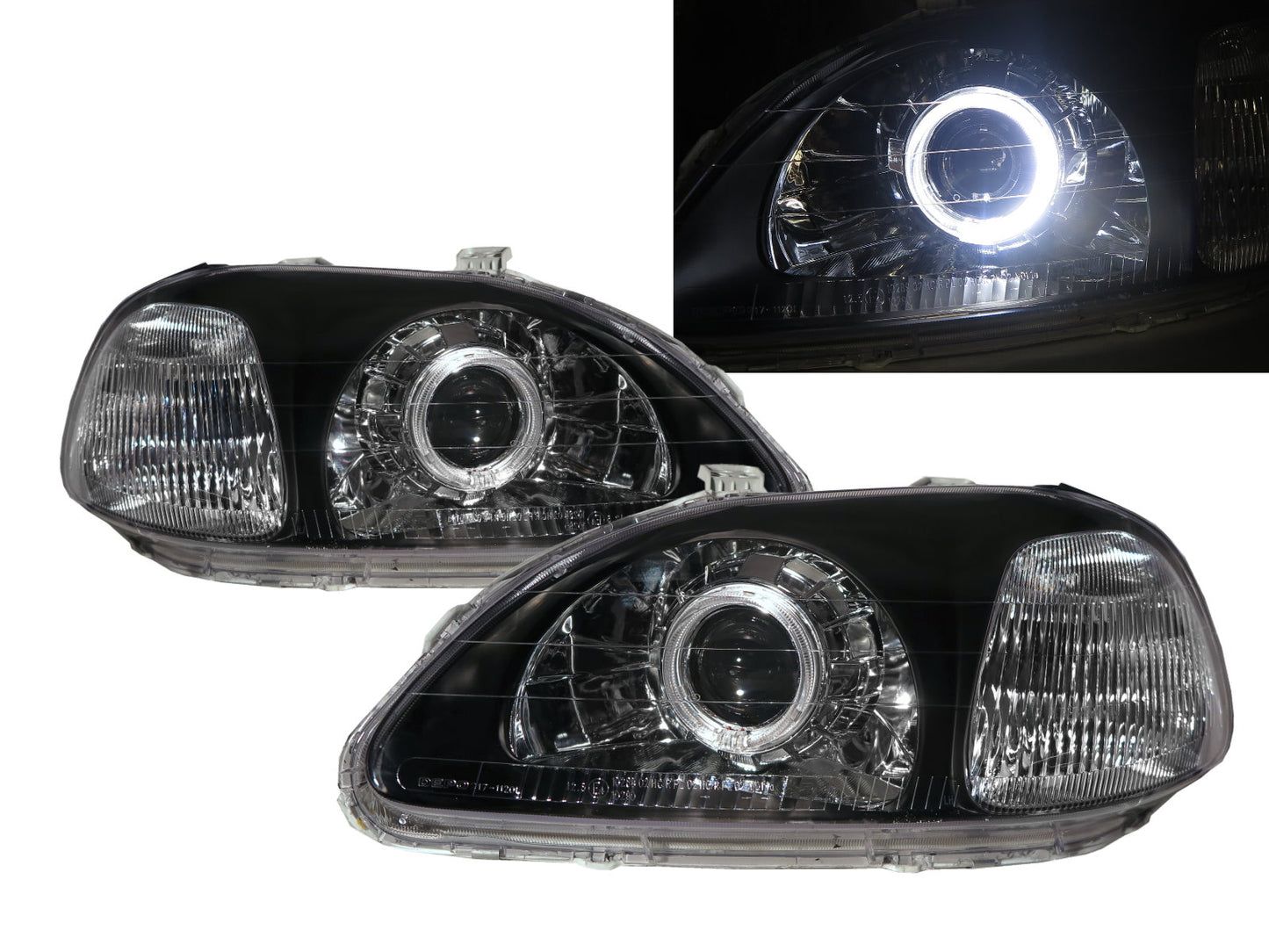 ไฟหน้าโปรเจคเตอร์ LED Angel-Eye Guide แบบ 2D/3D/4D/5D ของ CrazyTheGod Civic EJ/EK/EM รุ่นที่ 6 สำหรับรถเก๋ง/แฮทช์แบ็ก/คูเป้ รุ่นปี 1996-1998 ก่อนปรับโฉม สีดำ สำหรับรถฮอนด้า ฝั่งคนขับ