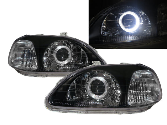 ไฟหน้าโปรเจคเตอร์ LED Angel-Eye Guide แบบ 2D/3D/4D/5D ของ CrazyTheGod Civic EJ/EK/EM รุ่นที่ 6 สำหรับรถเก๋ง/แฮทช์แบ็ก/คูเป้ รุ่นปี 1996-1998 ก่อนปรับโฉม สีดำ สำหรับรถฮอนด้า RHD