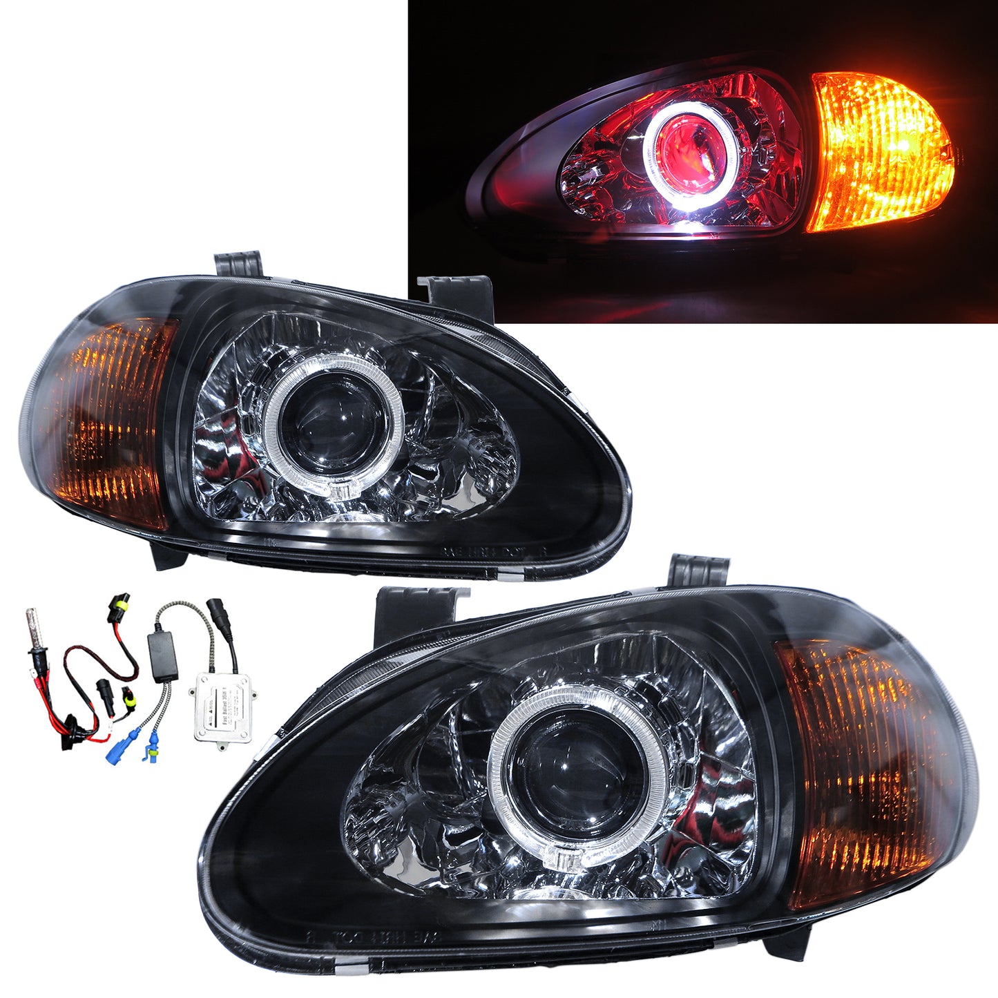 CrazyTheGod DEL SOL CRX 1993-1997 Roadster 2D Guide LED Angel-Eye Devil Eye Headlight Headlamp Black V1 for HONDA LHD