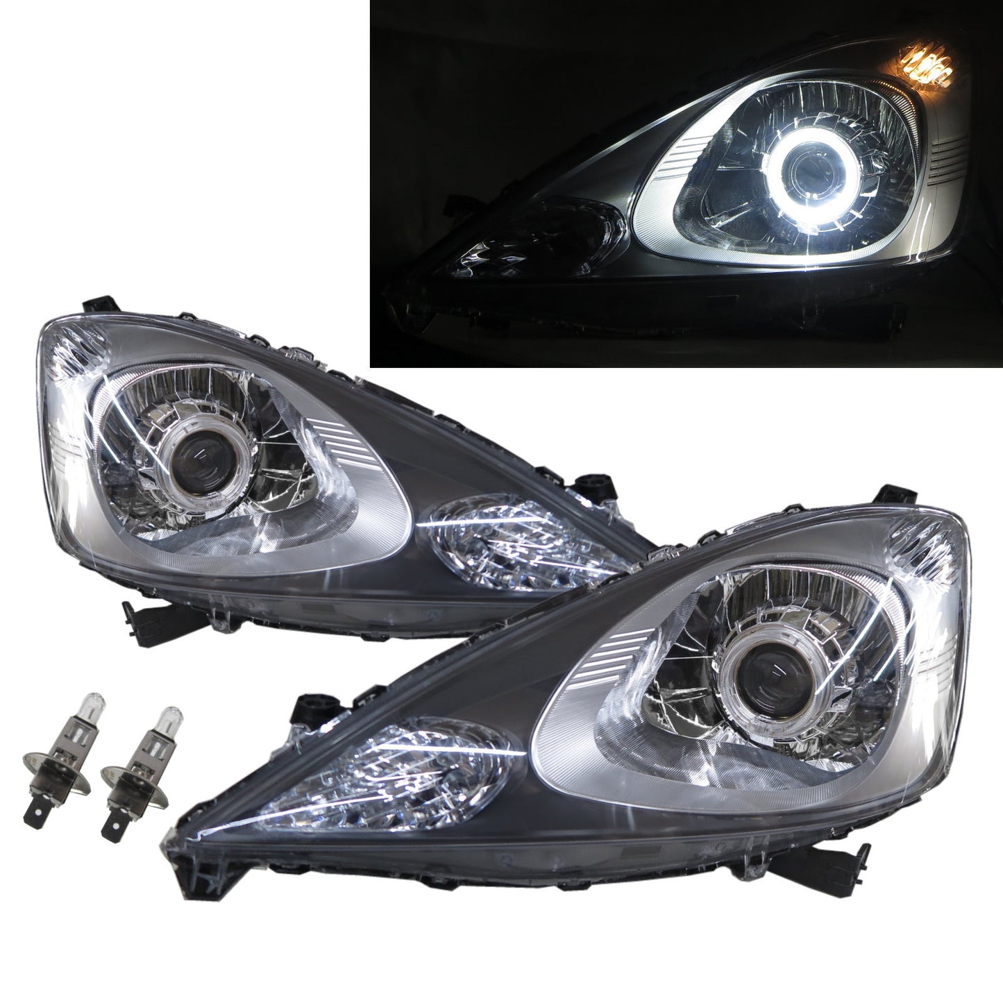 CrazyTheGod FIT/JAZZ GE SERIES Second generation 2008-2011 Facelift Hatchback 5D Guide LED Angel-Eye Projector Headlight Headlamp W/ Motor Chrome for HONDA LHD