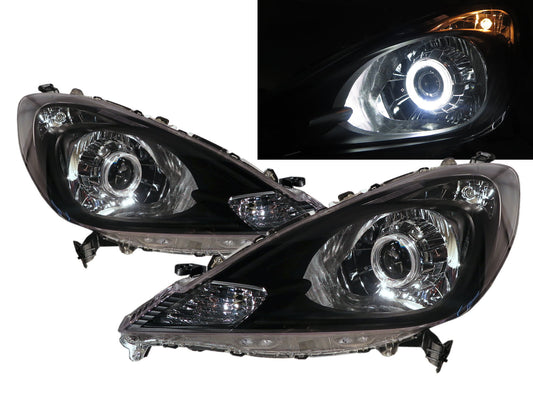 CrazyTheGod FIT/JAZZ GE SERIES Second generation 2011-2014 Facelift Hatchback 5D Guide LED Angel-Eye Projector Headlight Headlamp W/ Motor Black for HONDA LHD