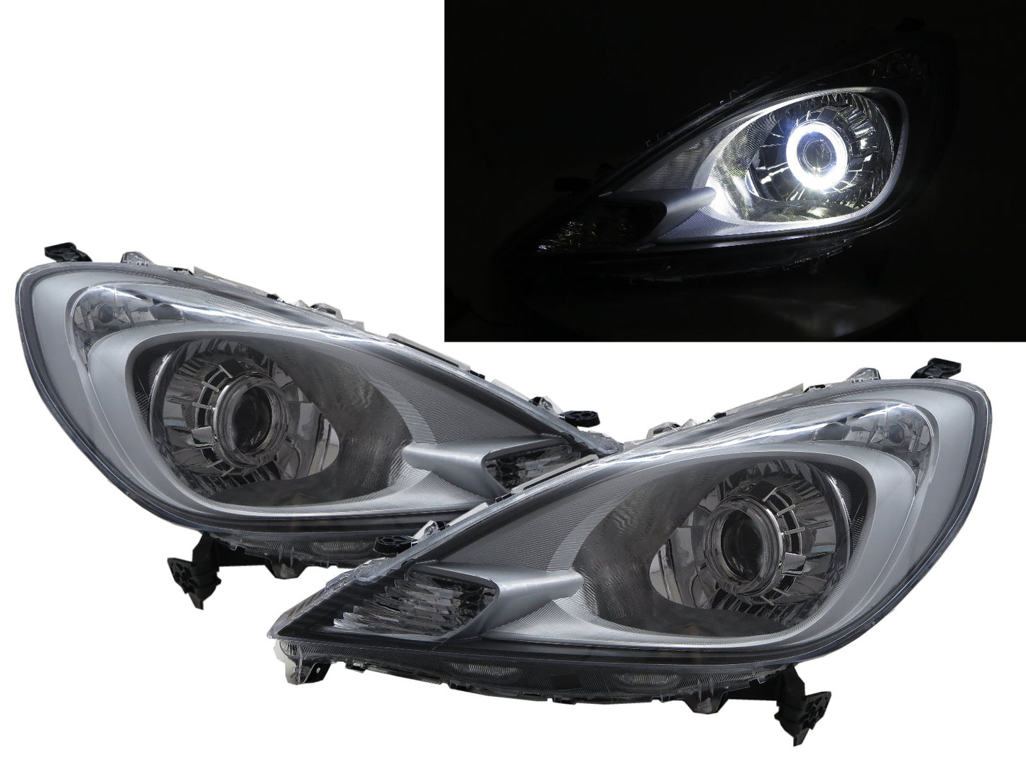 CrazyTheGod FIT/JAZZ GE SERIES Second generation 2011-2014 FACELIFT Hatchback 5D Guide LED Angel-Eye Projector Headlight Headlamp W/ Motor Chrome for HONDA RHD