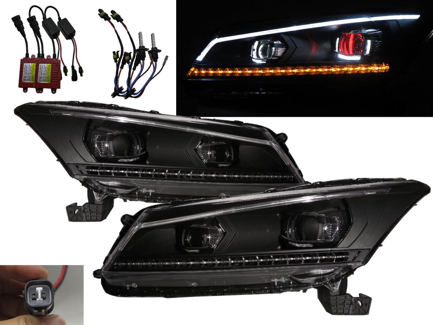 CrazyTheGod Inspire CP3 Fifth generation 2008-2012 Sedan 4D LED Devil Eye Bi-Projector D2H W/S Ballast HID Type Headlight Headlamp Black for HONDA LHD