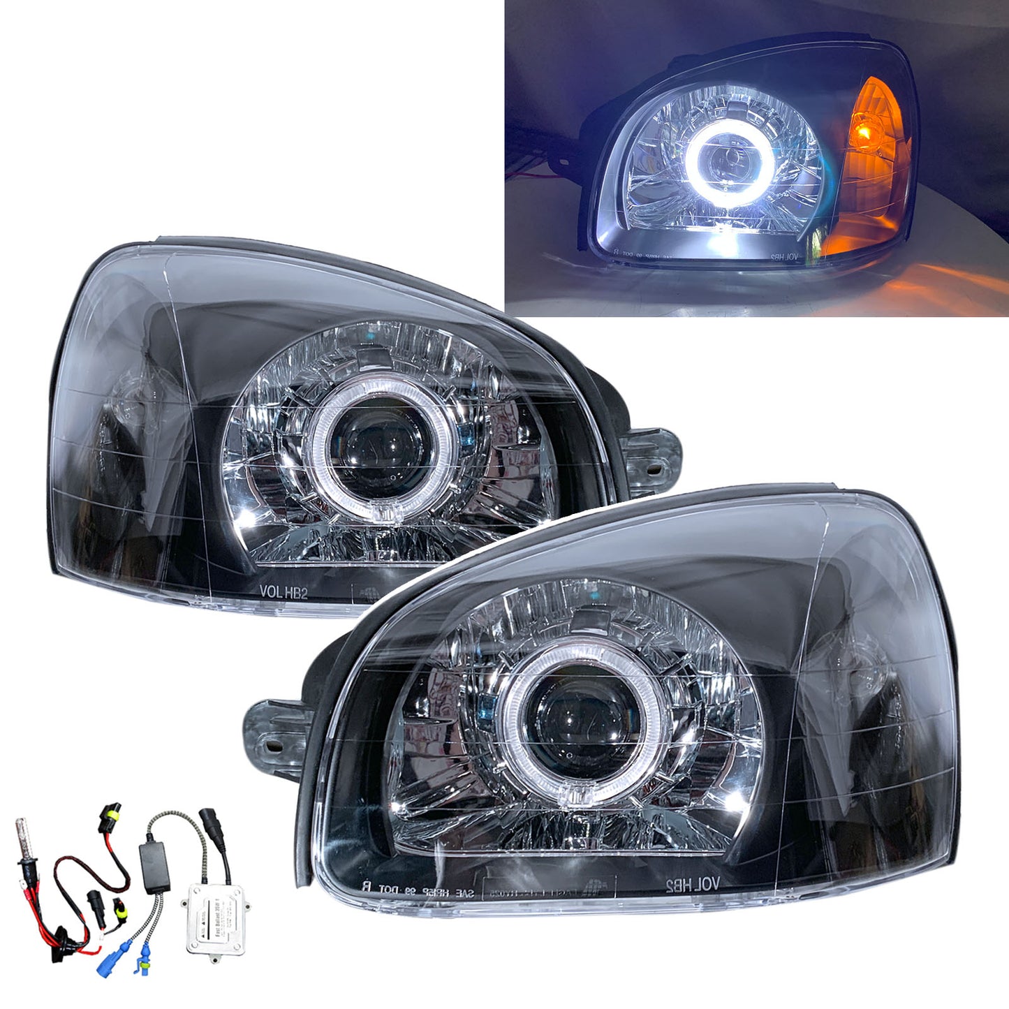 CrazyTheGod Santa FE SM thế hệ đầu tiên 2003-2006 Facelift Wagon 5D Guide LED Angel-Eye Projector HID Headlight Đèn pha đen EU V2 cho HYUNDAI RHD