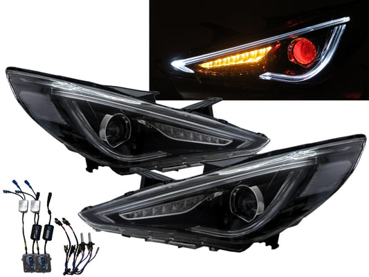 CrazyTheGod SONATA YF thế hệ thứ sáu 2009-2014 Sedan 4D Bi-Projector LED Đèn pha báo rẽ động Đèn pha màu đen cho HYUNDAI RHD