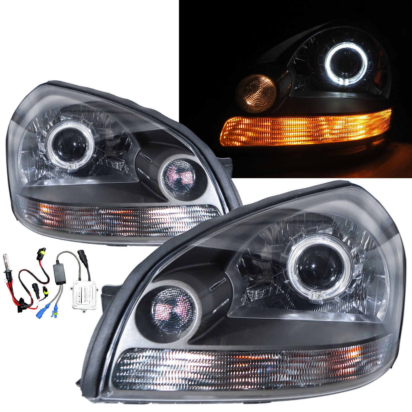 CrazyTheGod Tucson JM First generation 2004-2009 SUV 5D Guide LED Angle-Eye Projector HID Headlight Headlamp Dark Gray for HYUNDAI LHD