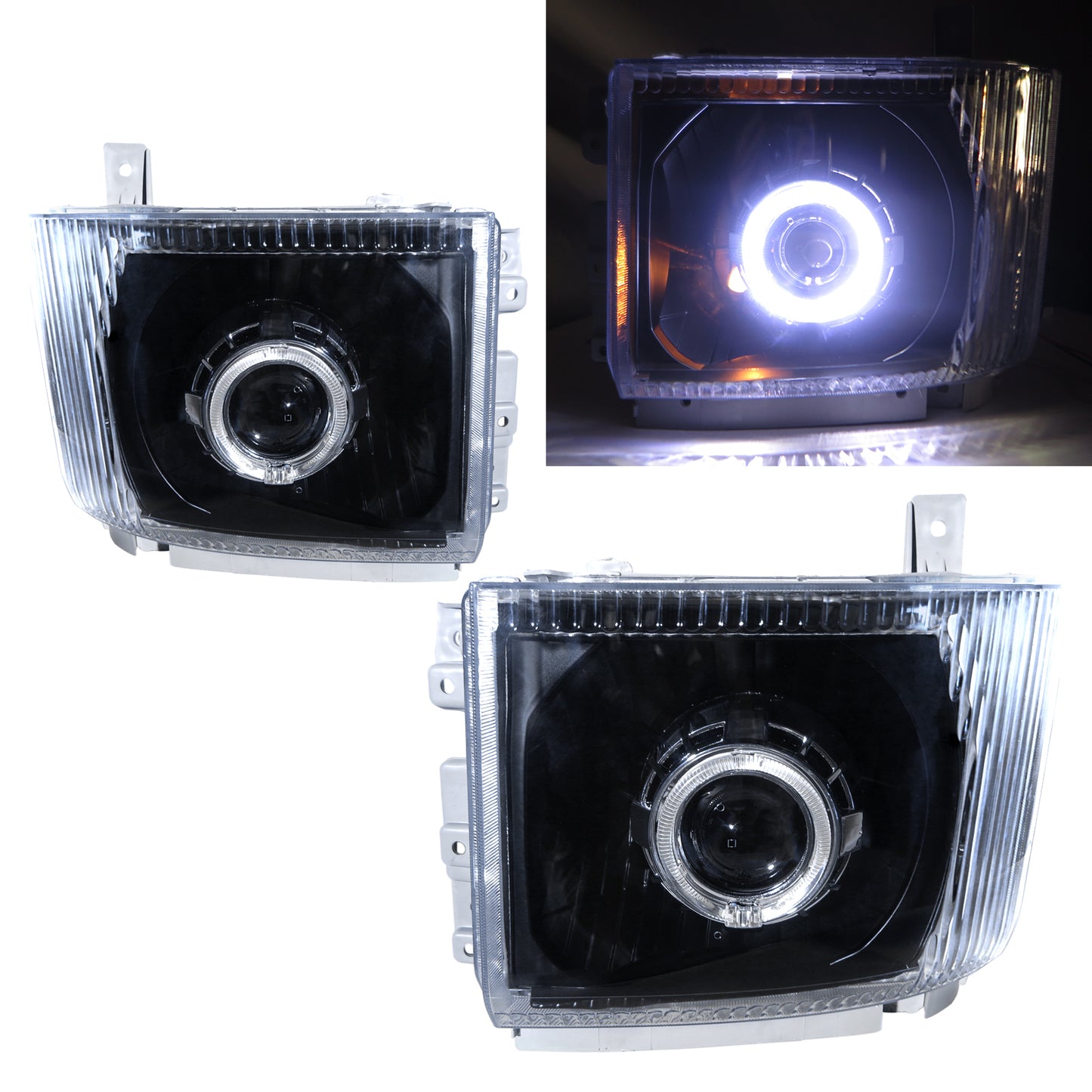 CrazyTheGod ELF 700P N-SERIES NKR NPR NQR NPS Sixth generation 2007-Present Truck Guide LED Angel-Eye Projector Headlight 12V W/ Motor Headlamp Black for ISUZU RHD