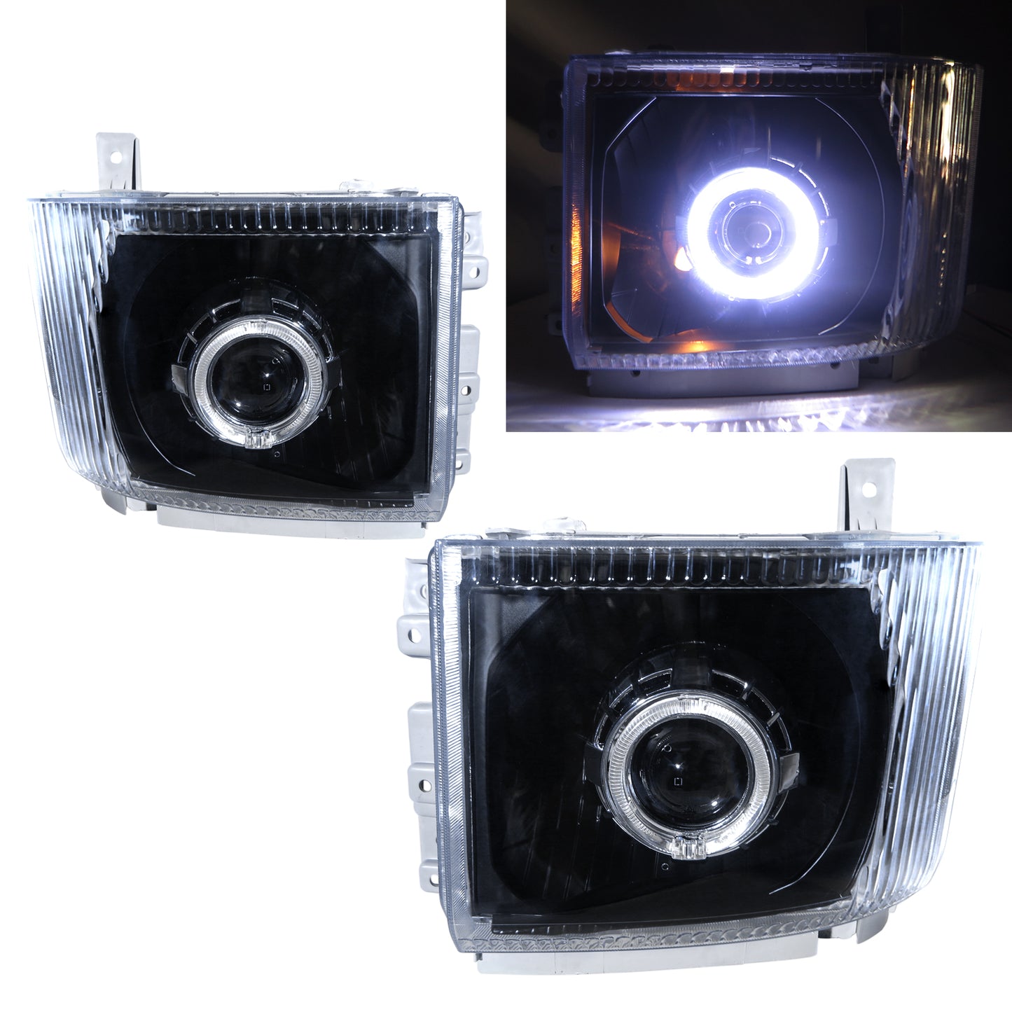 CrazyTheGod ELF 700P N-SERIES NKR NPR NQR NPS Sixth generation 2007-Present Truck Guide LED Angel-Eye Projector Headlight 12V W/O Motor Headlamp Black for ISUZU LHD