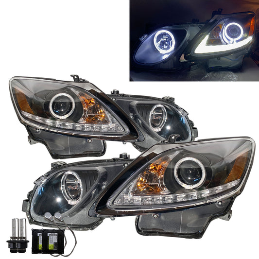 CrazyTheGod GS350 GS450h S190 Third generation 2006-2011 Sedan 4D Guide LED Angel-Eye D4S W/ Ballast Headlight Headlamp Black for LEXUS LHD