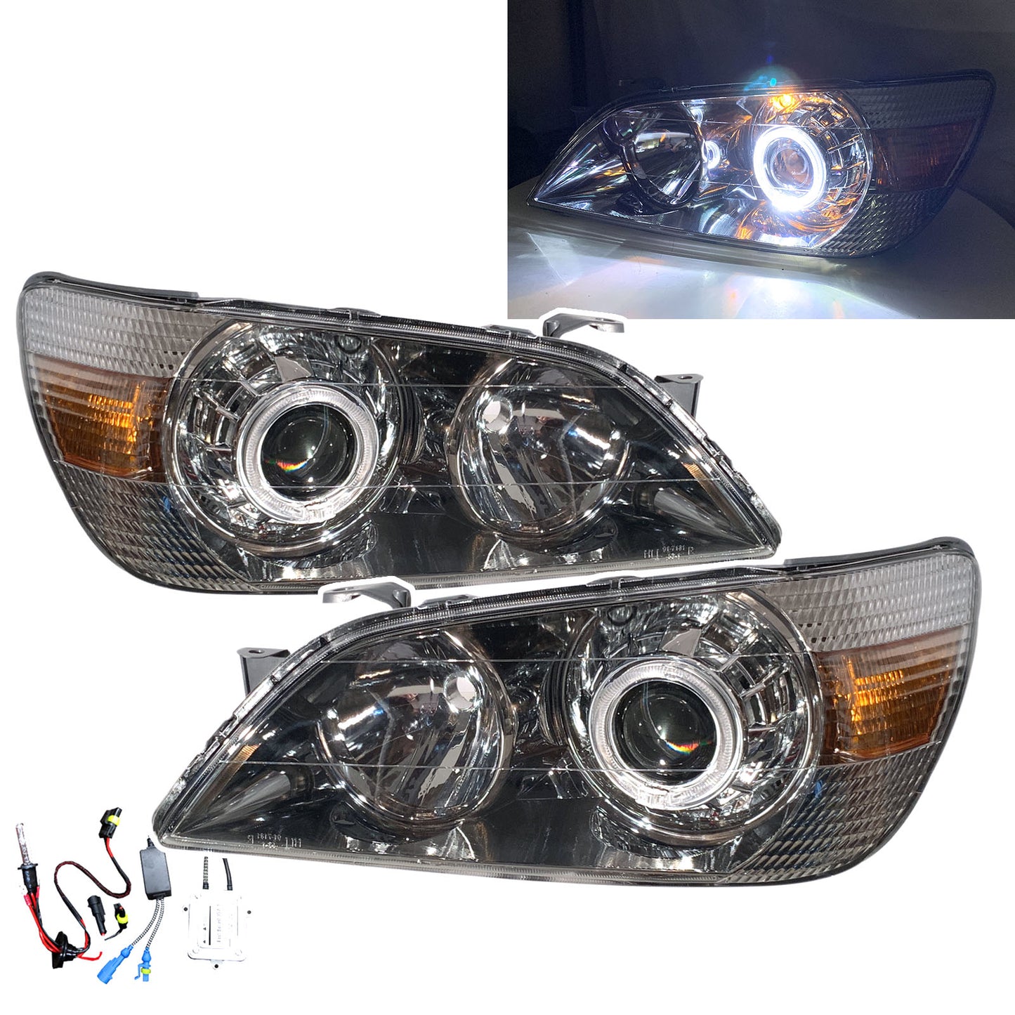 CrazyTheGod IS IS200/IS300 XE10 First generation 1999-2005 Sedan 4D Guide LED Angel-Eye Projector HID Headlight Headlamp Titanium Black for LEXUS RHD