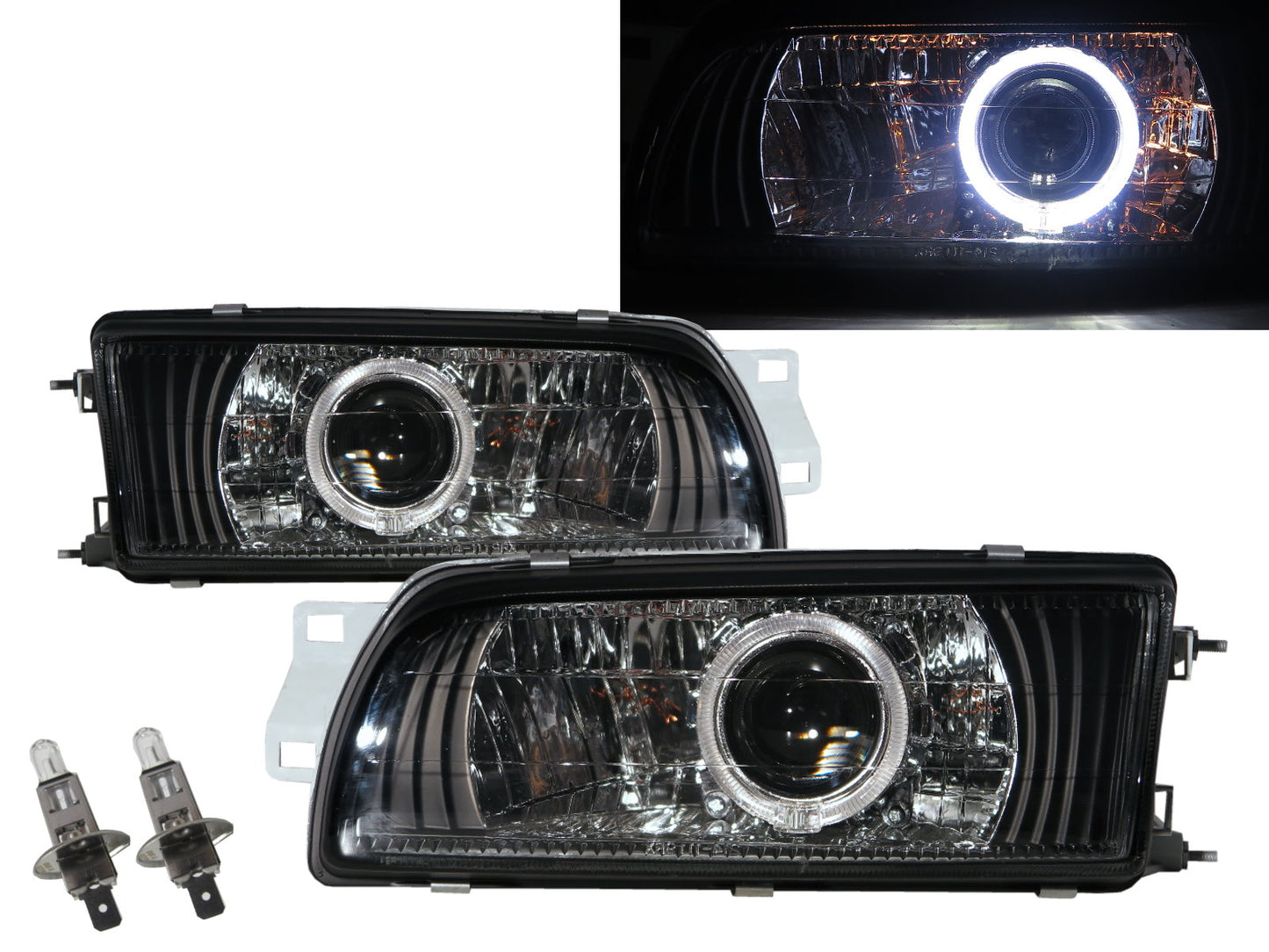 ไฟหน้าโปรเจคเตอร์ LED Angel-Eye รุ่น CrazyTheGod Arena Jumbuck 2002-2010 UTE 2D Guide สีดำ สำหรับ Mitsubishi LHD