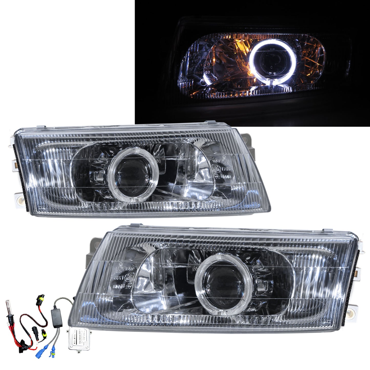 CrazyTheGod Lancer EVO EVOLUTION EVO 5 Fifth generation 1998-1999 Sedan 4D Guide LED Angel-Eye Projector HID Headlight Headlamp Chrome V2 for Mitsubishi LHD