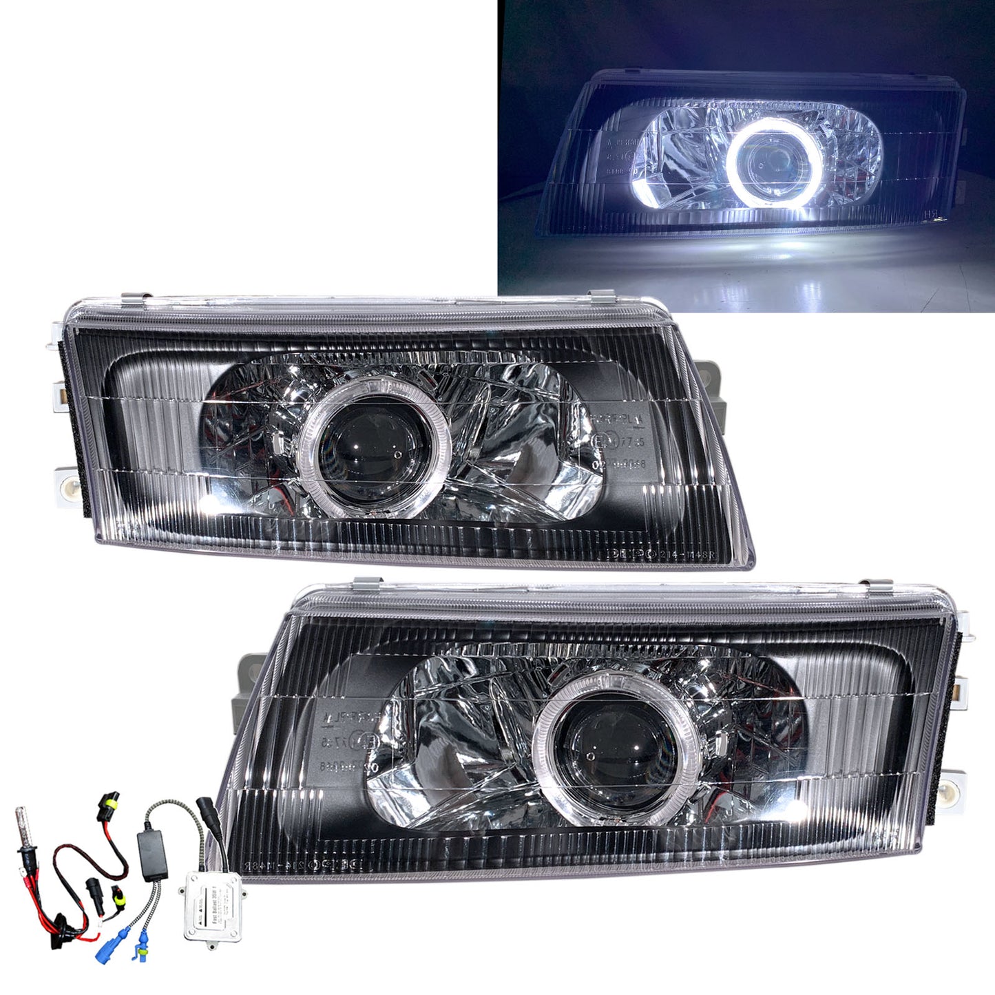 CrazyTheGod Lancer EVO EVOLUTION EVO 6 Sixth generation 1998-2001 Sedan 4D Guide LED Angel-Eye Projector HID Headlight Headlamp Black V2 for Mitsubishi LHD